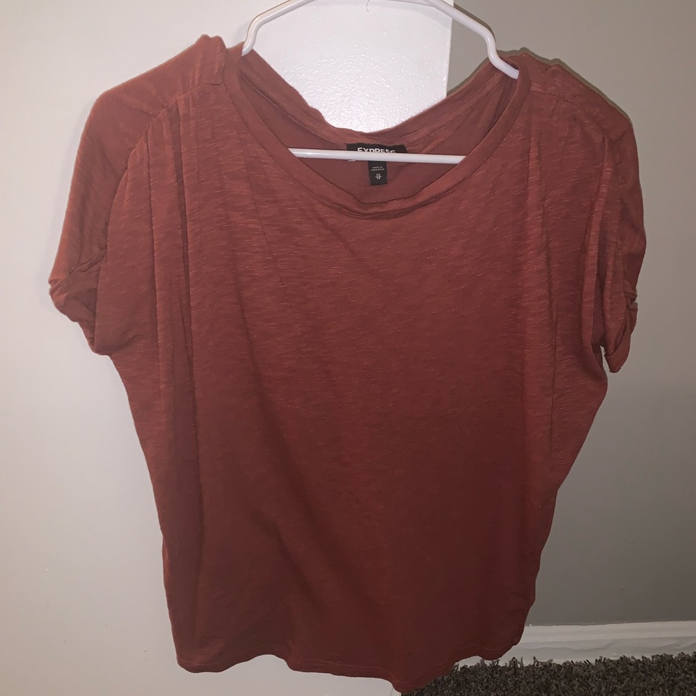 Burnt Orange Ruched Sleeve Bateau Neck Tee from Express size XS